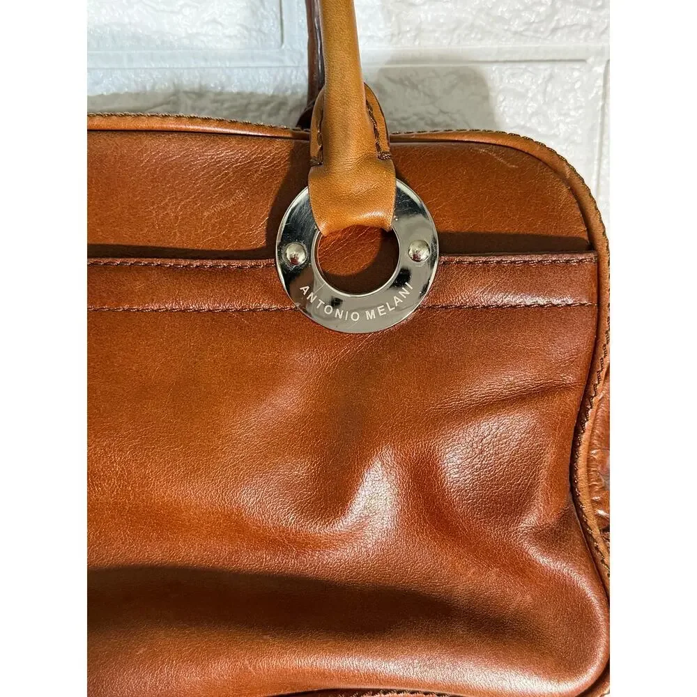 Antonio Melani Brown Satchel Handbag Double Handle Silver Tone Hardware